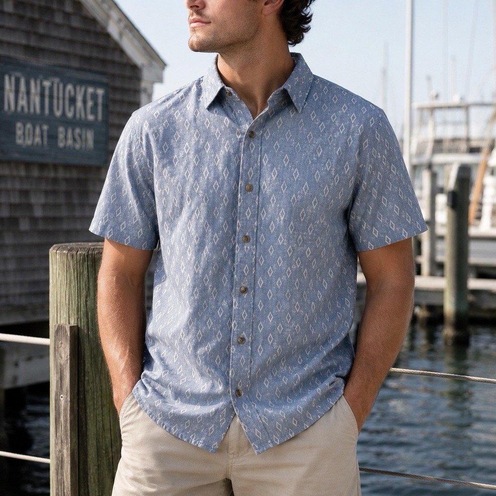 TravisMathew Mens XL Blue Diamond Print Stretch Button Up Shirt Golf Casual